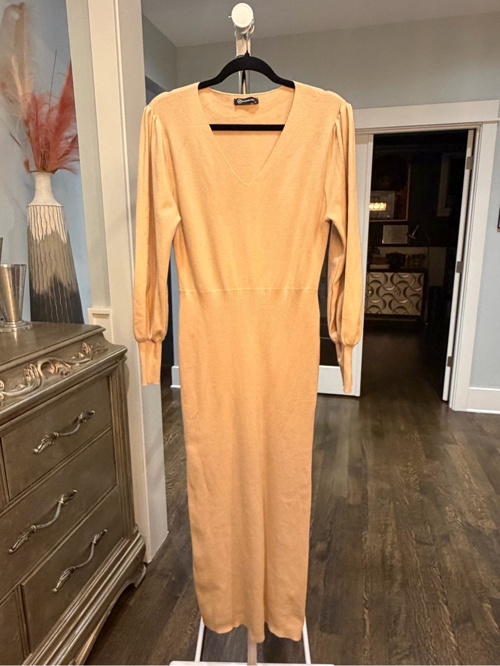 Long-Sleeve V-Neck Maxi Dress in Camel